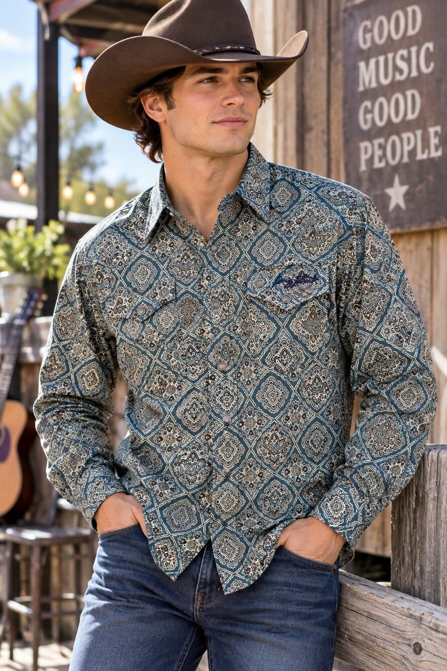 George Strait Wrangler Mens XL Teal Paisley Western Shirt 100% Cotton